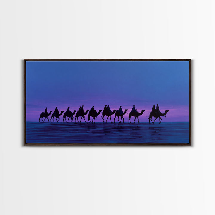 Purple Sunset Camel Caravan Canvas Print, African Safari Wall Art, Coastal Desert Silhouette Decor, Boho Travel Gift Idea