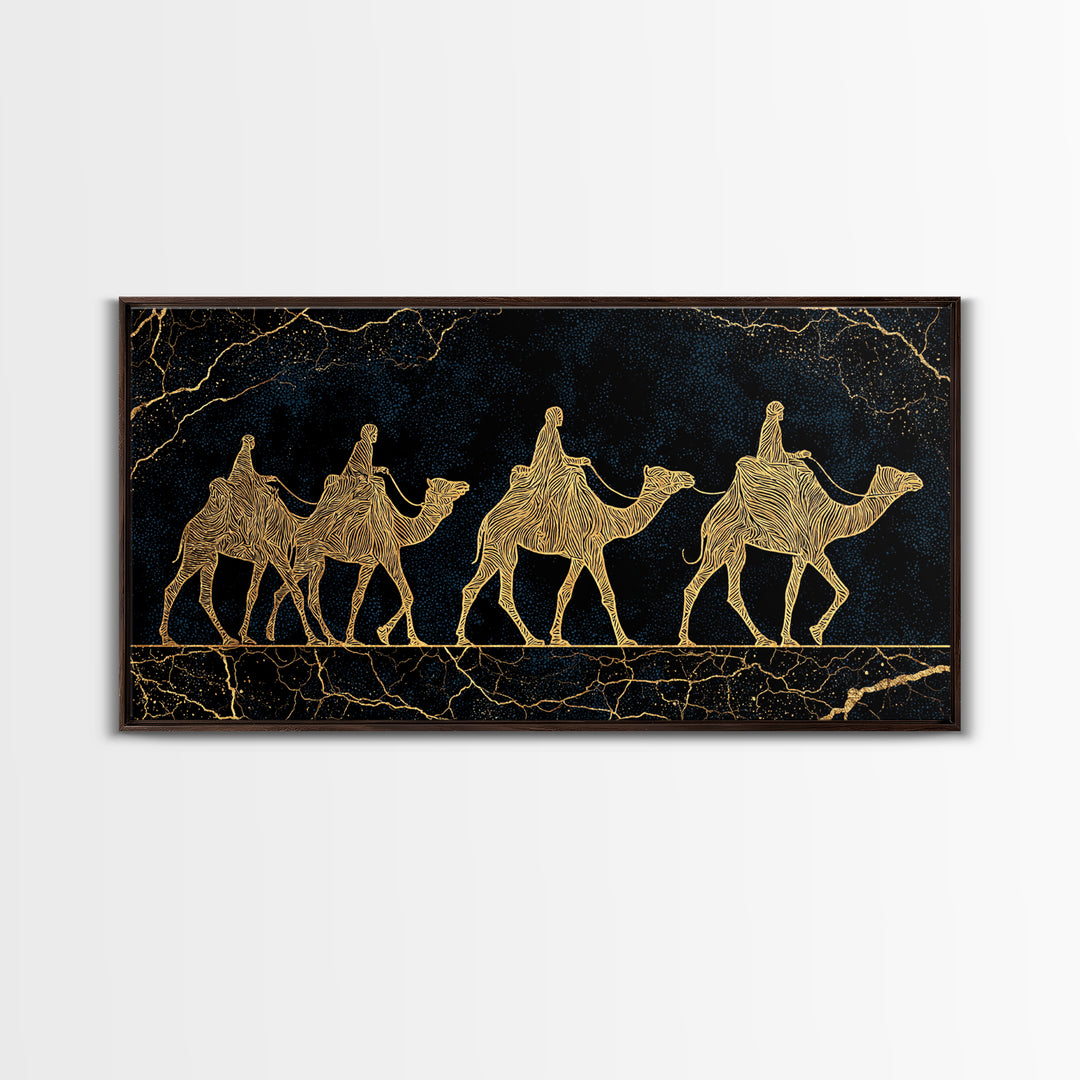 Gold Line Camel Caravan Wall Art, Black And Gold African Safari Print, Desert Nomad Decor, Luxury Canvas Style Gift For Her