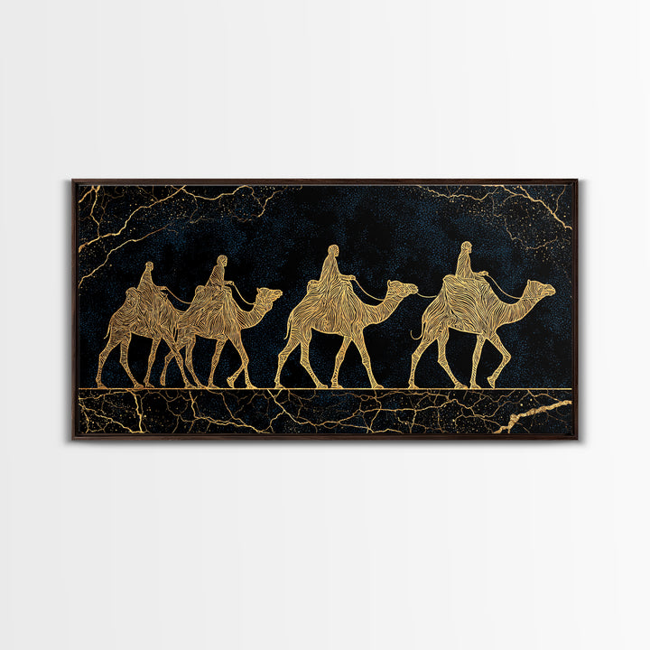 Gold Line Camel Caravan Wall Art, Black And Gold African Safari Print, Desert Nomad Decor, Luxury Canvas Style Gift For Her