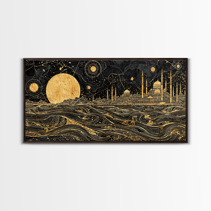 Gold Moon Mosque Skyline Canvas Print, Black And Gold Wall Art, Moroccan Travel Decor, Mystical Night Landscape Gift Idea