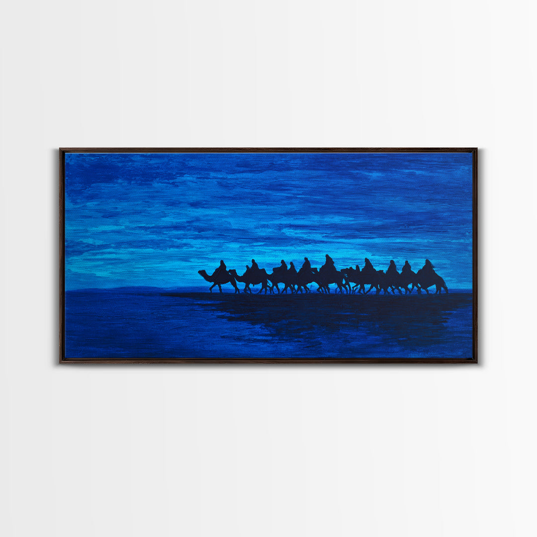 Deep Blue Camel Caravan Silhouette Wall Art, African Safari Poster, Desert Travel Decor, Modern Landscape Canvas Gift Idea