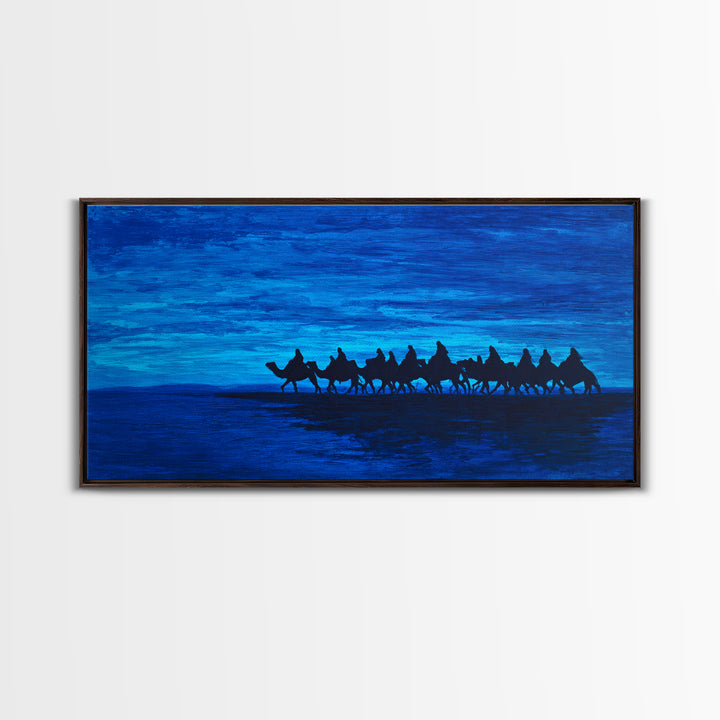 Deep Blue Camel Caravan Silhouette Wall Art, African Safari Poster, Desert Travel Decor, Modern Landscape Canvas Gift Idea