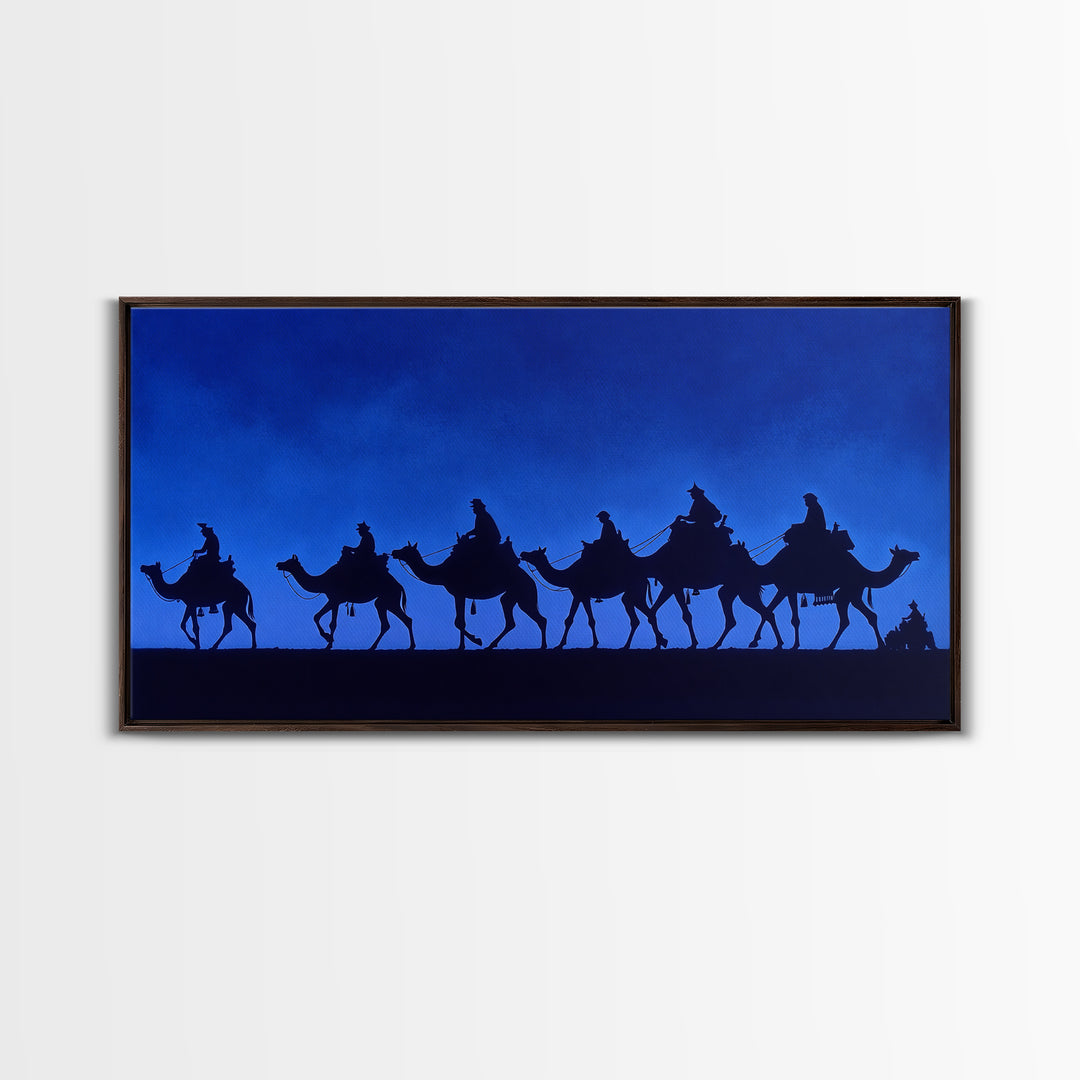 Cobalt Camel Caravan Silhouette Canvas Print, African Wall Art, Minimalist Desert Travel Decor, Blue Nomad Art Gift For Him