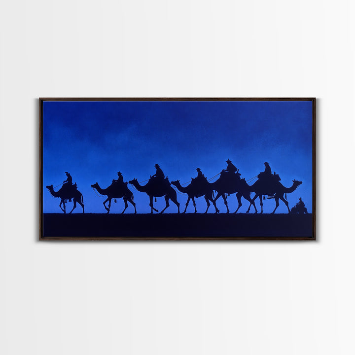 Cobalt Camel Caravan Silhouette Canvas Print, African Wall Art, Minimalist Desert Travel Decor, Blue Nomad Art Gift For Him