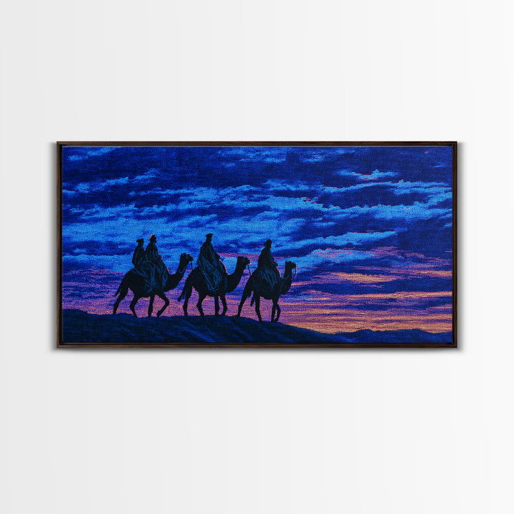 Textured Blue Sunset Camel Caravan Wall Art, African Safari Print, Purple Desert Silhouette Decor, Dreamy Travel Gift Idea