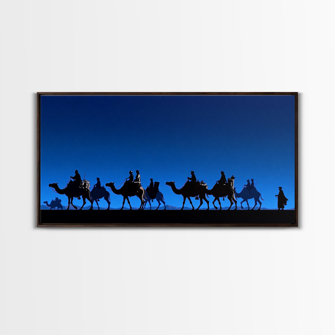 Bright Blue Camel Caravan Journey Silhouette Canvas Print, African Safari Wall Art, Desert Nomad Decor, Travel Gift For Him
