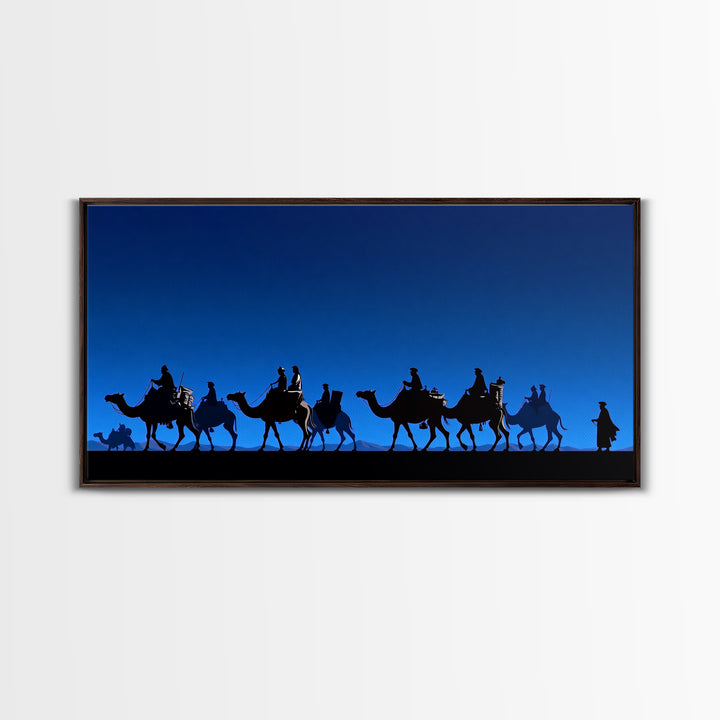Bright Blue Camel Caravan Journey Silhouette Canvas Print, African Safari Wall Art, Desert Nomad Decor, Travel Gift For Him