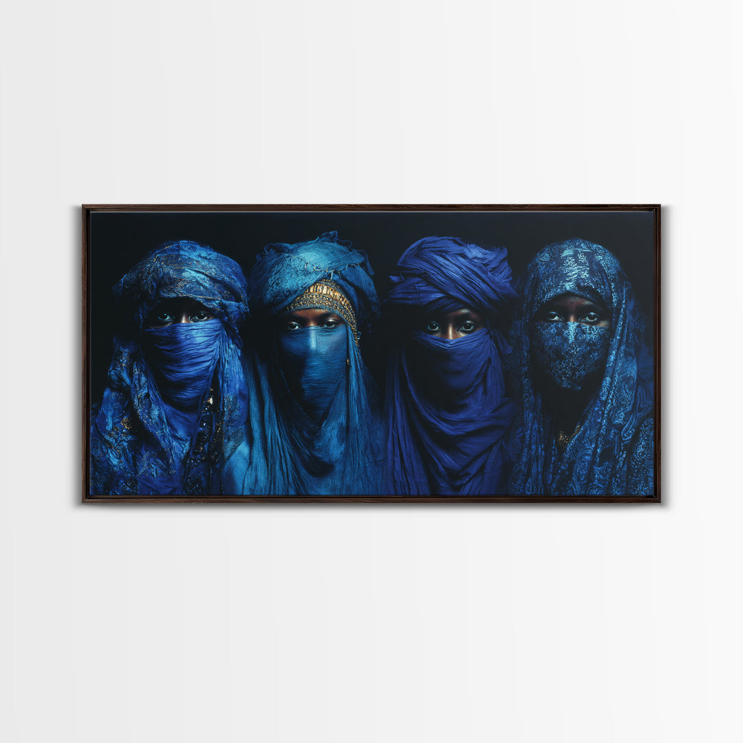 Four Blue Veiled African Women Framed Canvas Print, Tuareg Portrait Wall Decor, Afrocentric Black Culture Art Gift For Home Decor