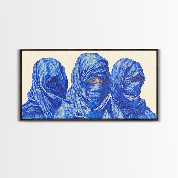 Three Blue Veiled Figures Wall Art, African Tribal Portrait Painting, Textured Tuareg Decor For Afrocentric Living Room Art