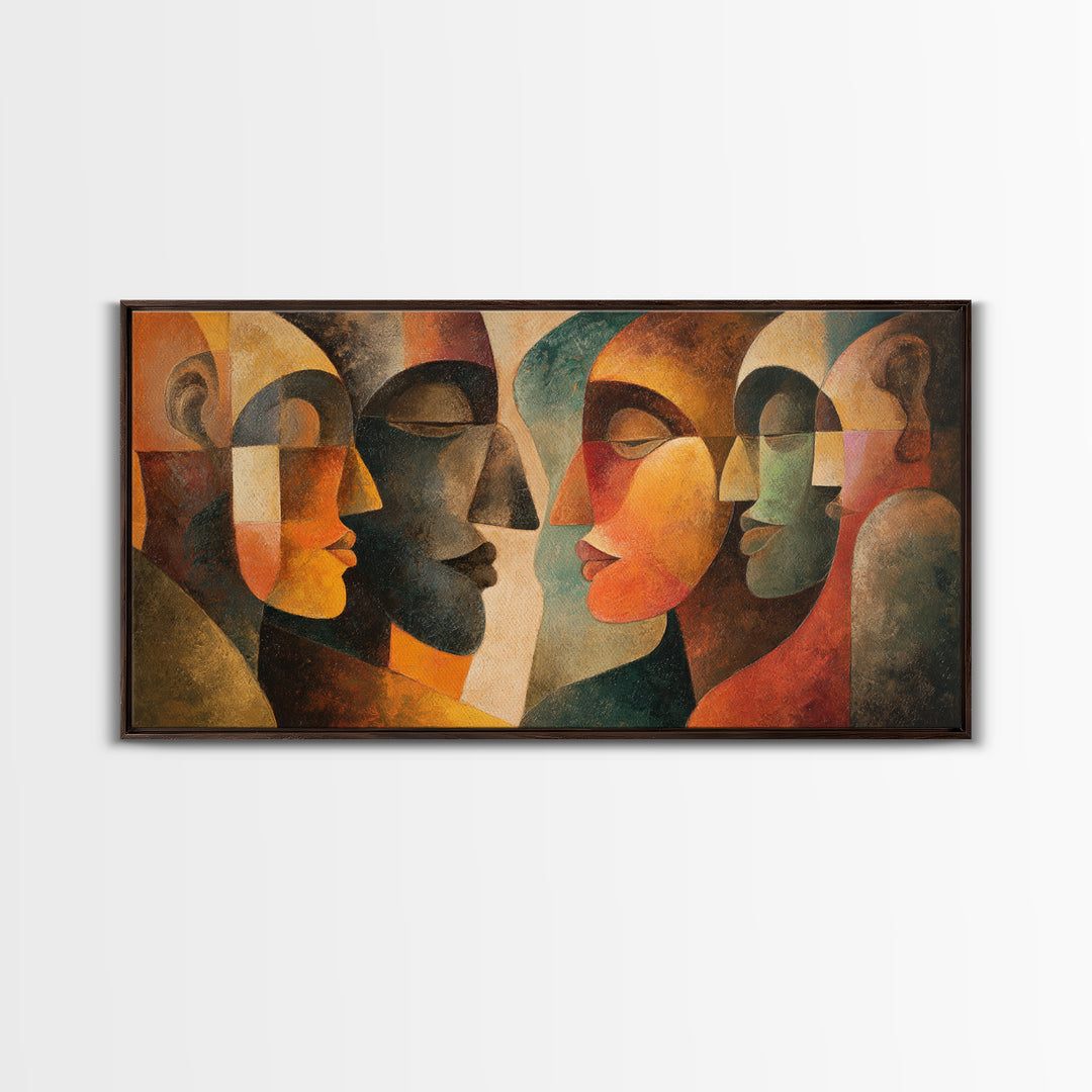 Abstract Cubist African Mask Faces Canvas Print, Earth Tone Tribal Wall Decor, Modern Ethnic Art For Home Gallery Decor Gift