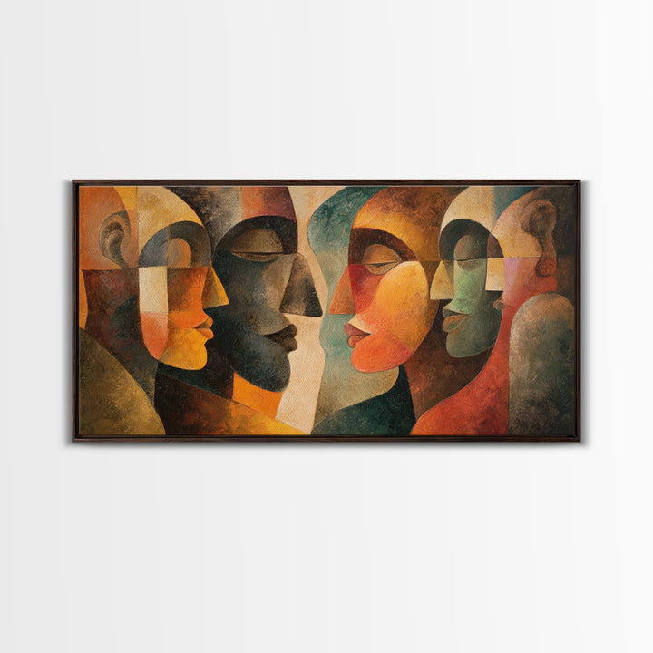 Abstract Cubist African Mask Faces Canvas Print, Earth Tone Tribal Wall Decor, Modern Ethnic Art For Home Gallery Decor Gift