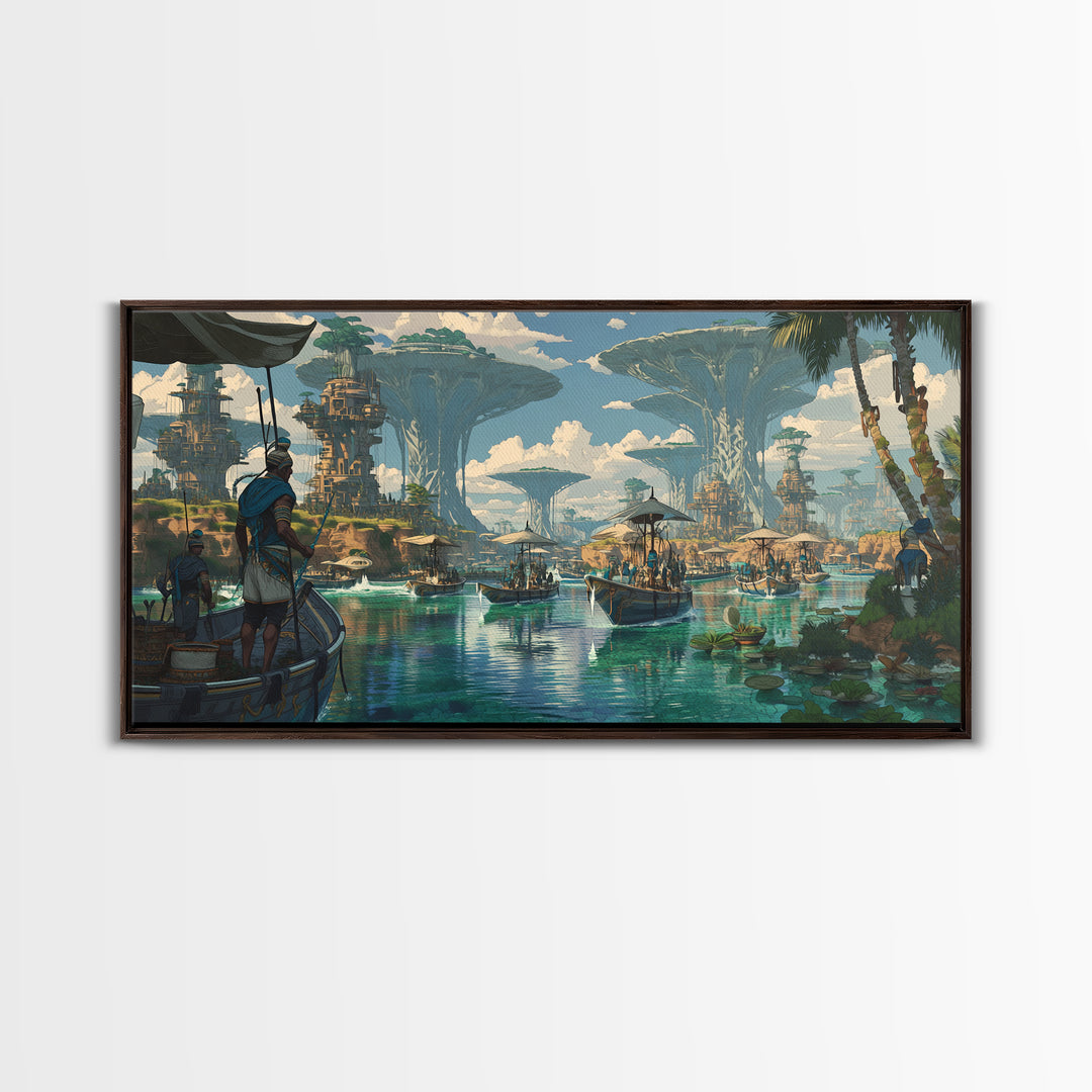 Afrofuturist African Waterfront City Wall Art, Sci Fi Landscape Canvas, Modern Black Art Decor For Living Room Statement Piece