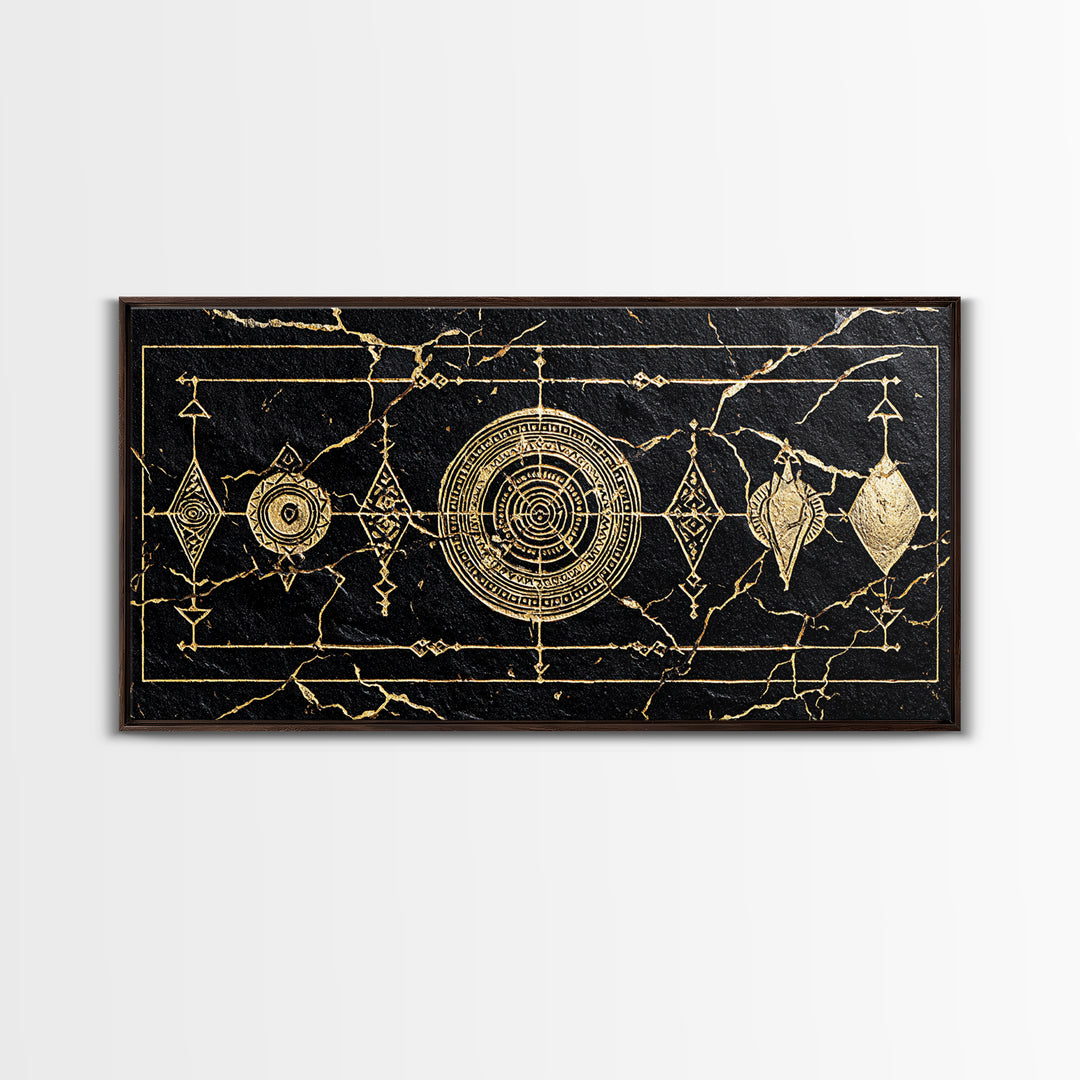 Black Gold African Geometric Symbols Framed Canvas Print, Tribal Pattern Wall Decor, Afrocentric Luxury Abstract Art Gift