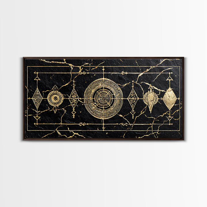 Black Gold African Geometric Symbols Framed Canvas Print, Tribal Pattern Wall Decor, Afrocentric Luxury Abstract Art Gift