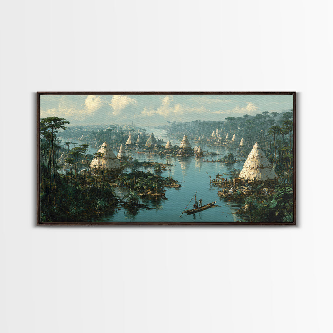Misty African Wetland Village Wall Art, Thatched Hut Canoe Landscape Print, Authentic Cultural Safari Home Decor Canvas Gift