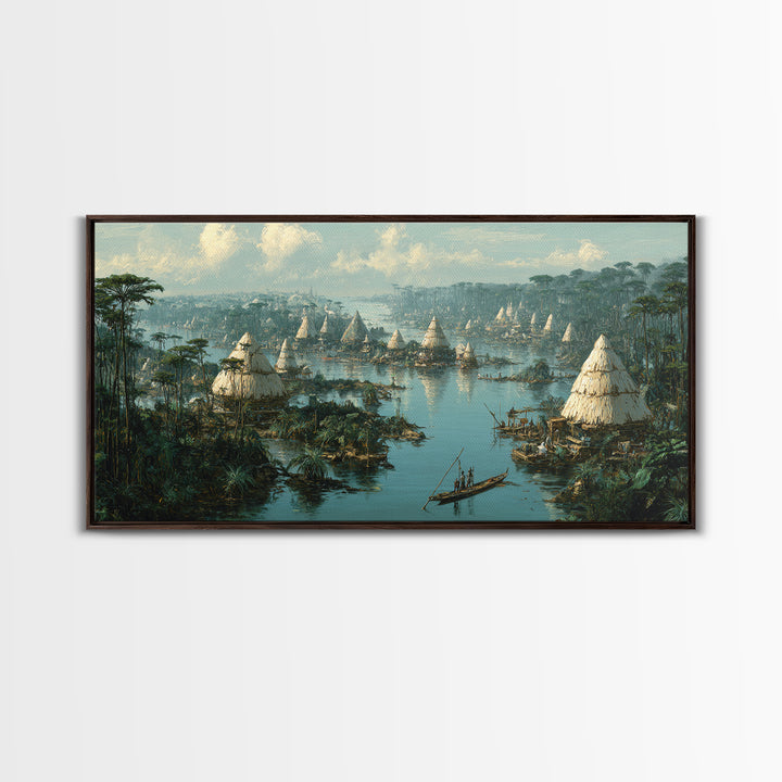 Misty African Wetland Village Wall Art, Thatched Hut Canoe Landscape Print, Authentic Cultural Safari Home Decor Canvas Gift