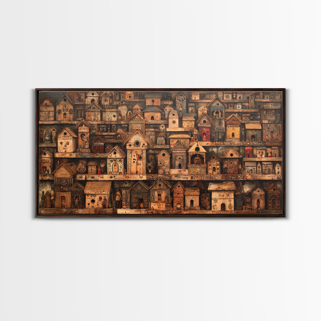 Rustic African Village Birdhouse Houses Wall Art, Tribal Architecture Canvas, Earth Tone Cultural Home Decor Gift For Living Room