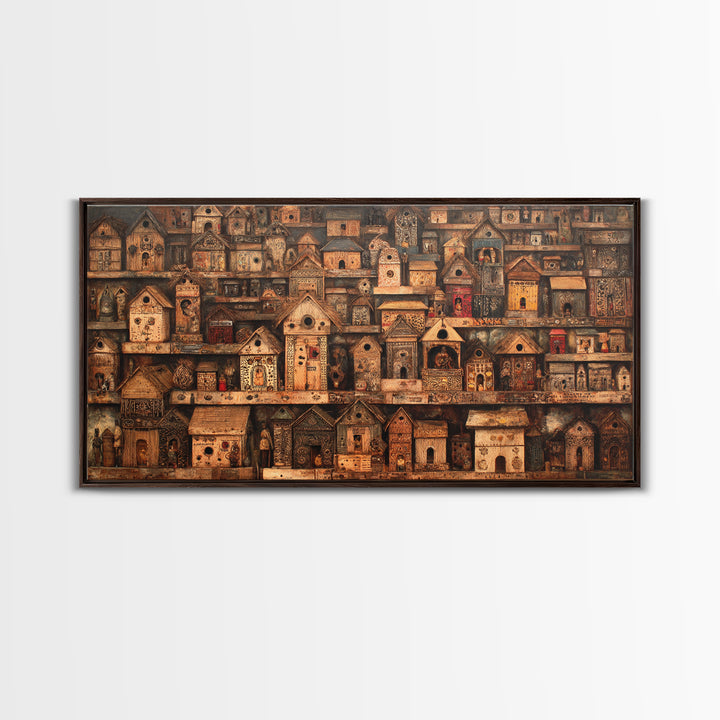 Rustic African Village Birdhouse Houses Wall Art, Tribal Architecture Canvas, Earth Tone Cultural Home Decor Gift For Living Room