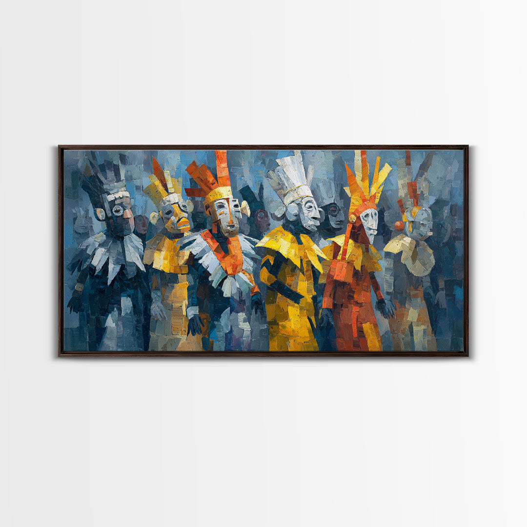 Cubist African Masked Warriors Canvas Print, Ceremonial Tribal Queen Wall Decor, Modern African Art For Bold Home Decor Gift