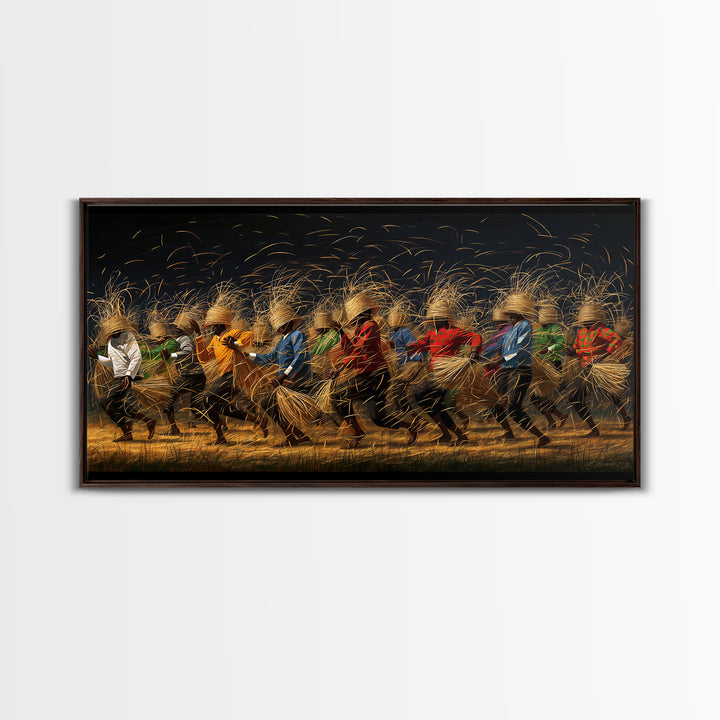 Dynamic African Dancers With Golden Straw Canvas Print, Motion Filled Tribal Wall Decor, Black Gold Cultural Art Gift For Home