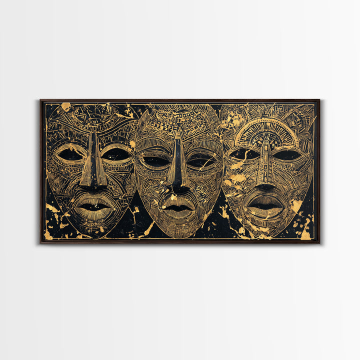 Golden African Tribal Masks Canvas Print, Abstract Mask Art, Afrocentric Wall Decor, Black And Gold Cultural Home Decor Gift