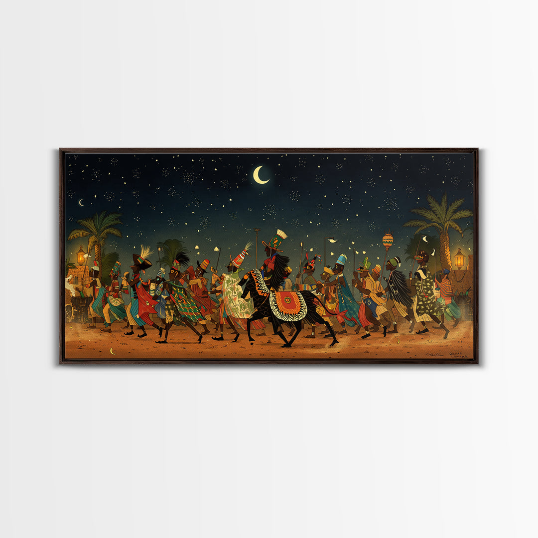 Moonlit African Camel Procession Wall Art, Desert Festival Painting, African Safari Art, Cultural Decor For Living Room Gift