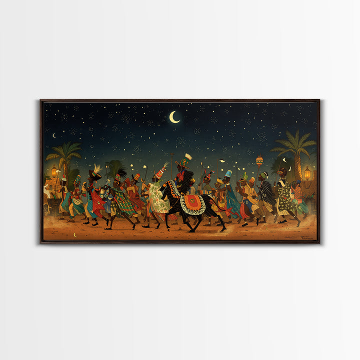Moonlit African Camel Procession Wall Art, Desert Festival Painting, African Safari Art, Cultural Decor For Living Room Gift