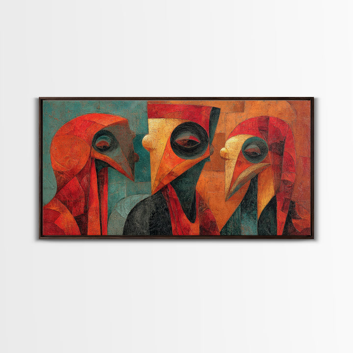 Cubist African Bird Mask Trio Wall Art, Abstract African Art, Modern Tribal Portrait, Burnt Orange Decor Canvas Print Gift