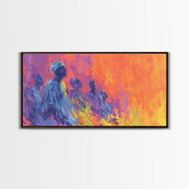 Blue Ancestral Figures By Fire Wall Art, Abstract African Art, Spiritual Cultural Painting, Orange And Purple Decor Gift