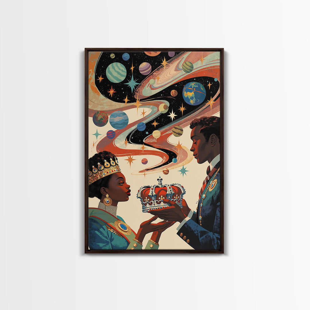 Afrofuturist Royal Couple Wall Art, Cosmic African Queen And King Canvas Print, Black Love Decor, Planets Crown Home Gift