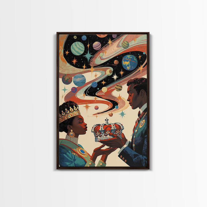 Afrofuturist Royal Couple Wall Art, Cosmic African Queen And King Canvas Print, Black Love Decor, Planets Crown Home Gift