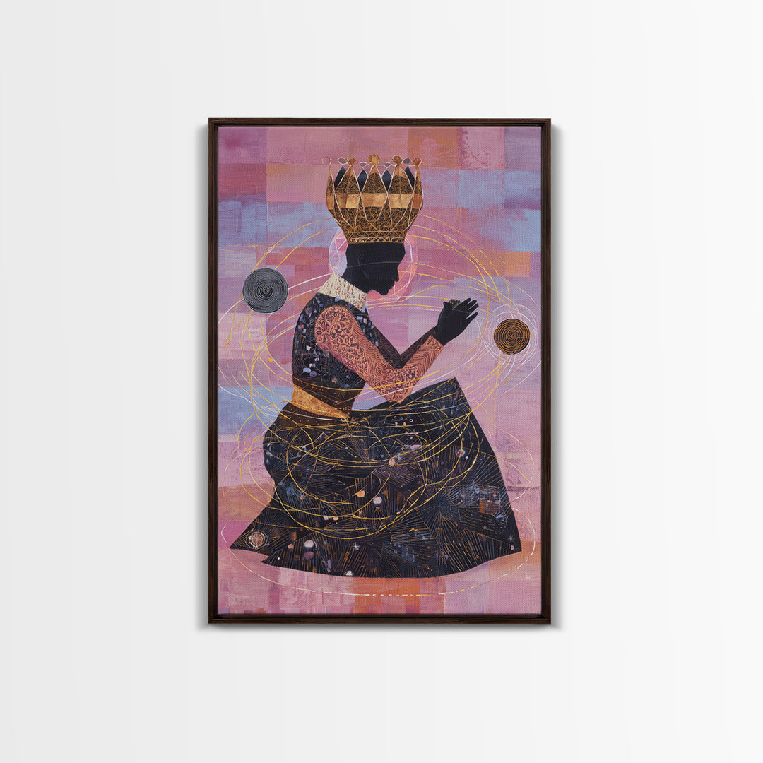 Seated African Queen Silhouette Canvas Print, Pink Cosmic Wall Art, Black Woman Art Home Decor, Feminine Afrocentric Gift