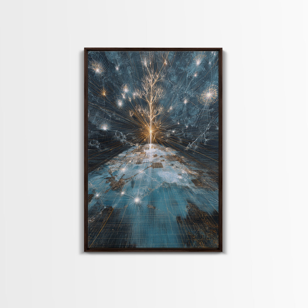 Glowing White Tree Canvas Print, Blue Celestial Wall Art, Spiritual Nature Scene Art, Modern Office Decor, Unique Home Gift