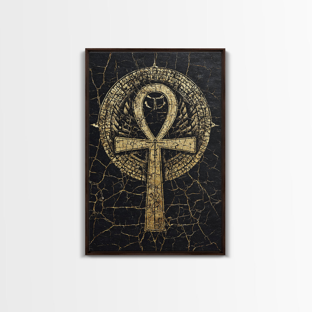 Gold Ankh Symbol On Cracked Black Framed Canvas Print, African Egyptian Art, Spiritual Wall Art, Black And Gold Design Gift