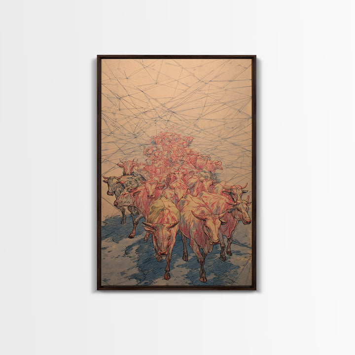 Red Line Cattle Herd Migration Canvas Print, African Animal Art, Rustic Farmhouse Decor, Cultural Wall Art Gift For Living Room