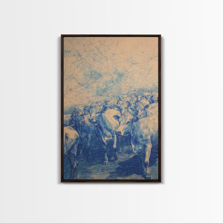 Blue Cattle Herd Network Sketch Wall Art, African Animal Art, Safari Art, Rustic Home Decor, Unique Canvas Gift For Office Decor