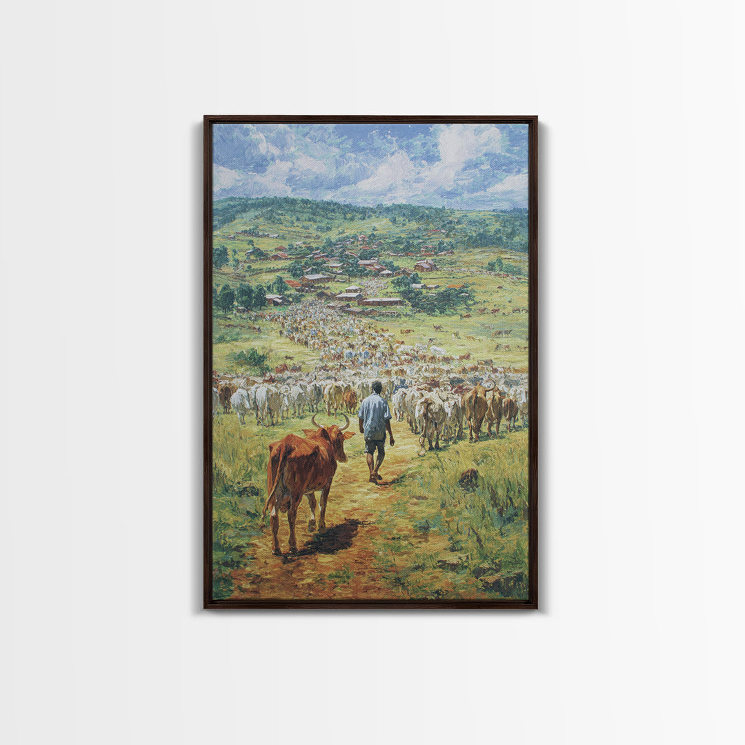 Pastoral Cattle Drive To Village Landscape Wall Art, African Landscape, Safari Decor, Farmhouse Home Decor Gift For Living Room