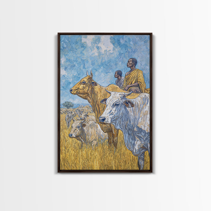 Pastoral African Cattle Herders In Golden Grass Wall Art, Afrocentric Safari Decor, African Landscape Print, Cultural Home Decor