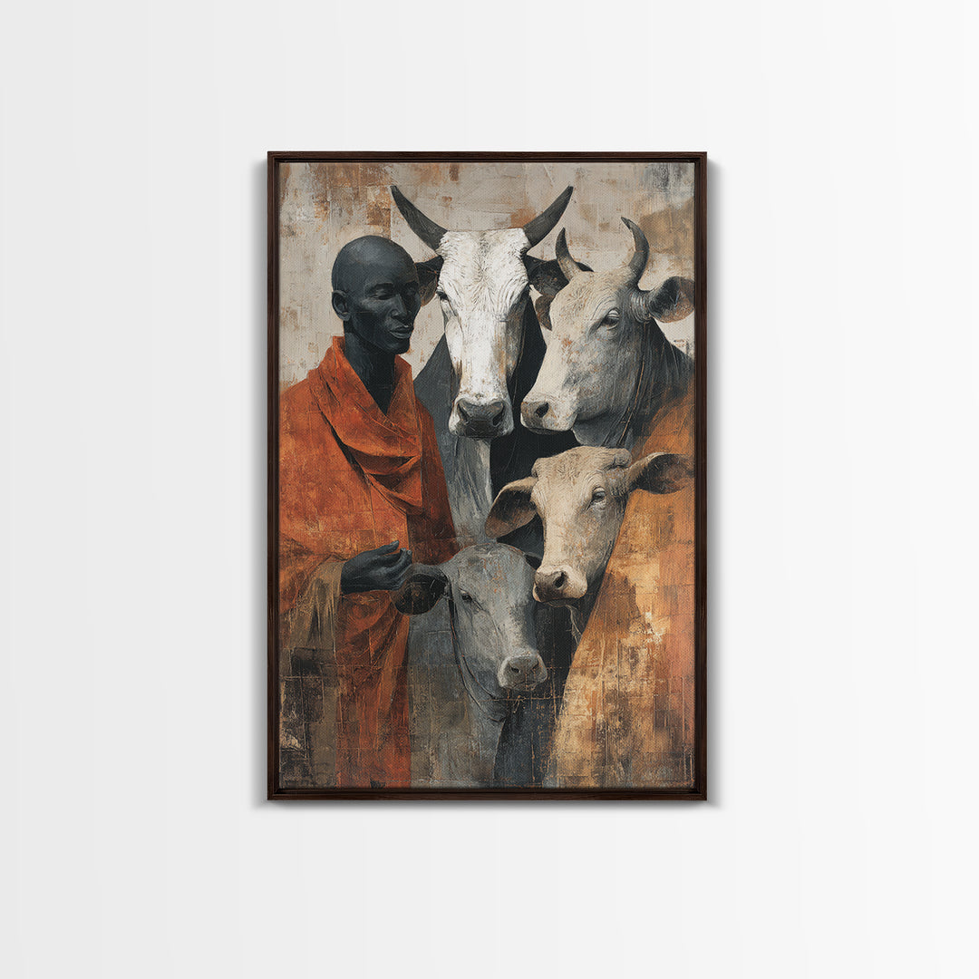 Maasai Herder With White Cattle Framed Canvas Print, African Portrait Wall Decor, Rustic Safari Art, Afrocentric Home Decor