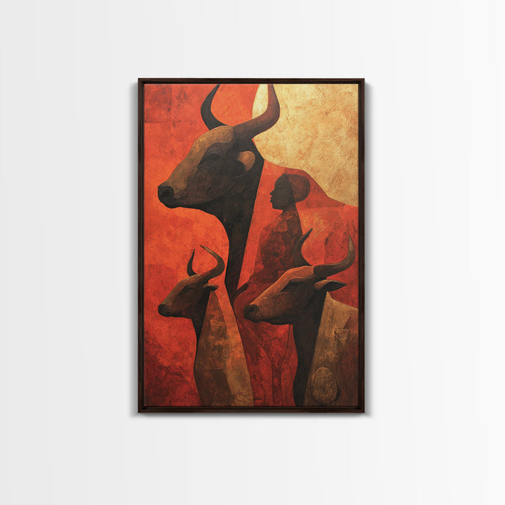 Ochre African Woman With Longhorn Cattle Canvas Print, Tribal Wall Decor, Modern African Art, Burnt Orange Safari Home Decor
