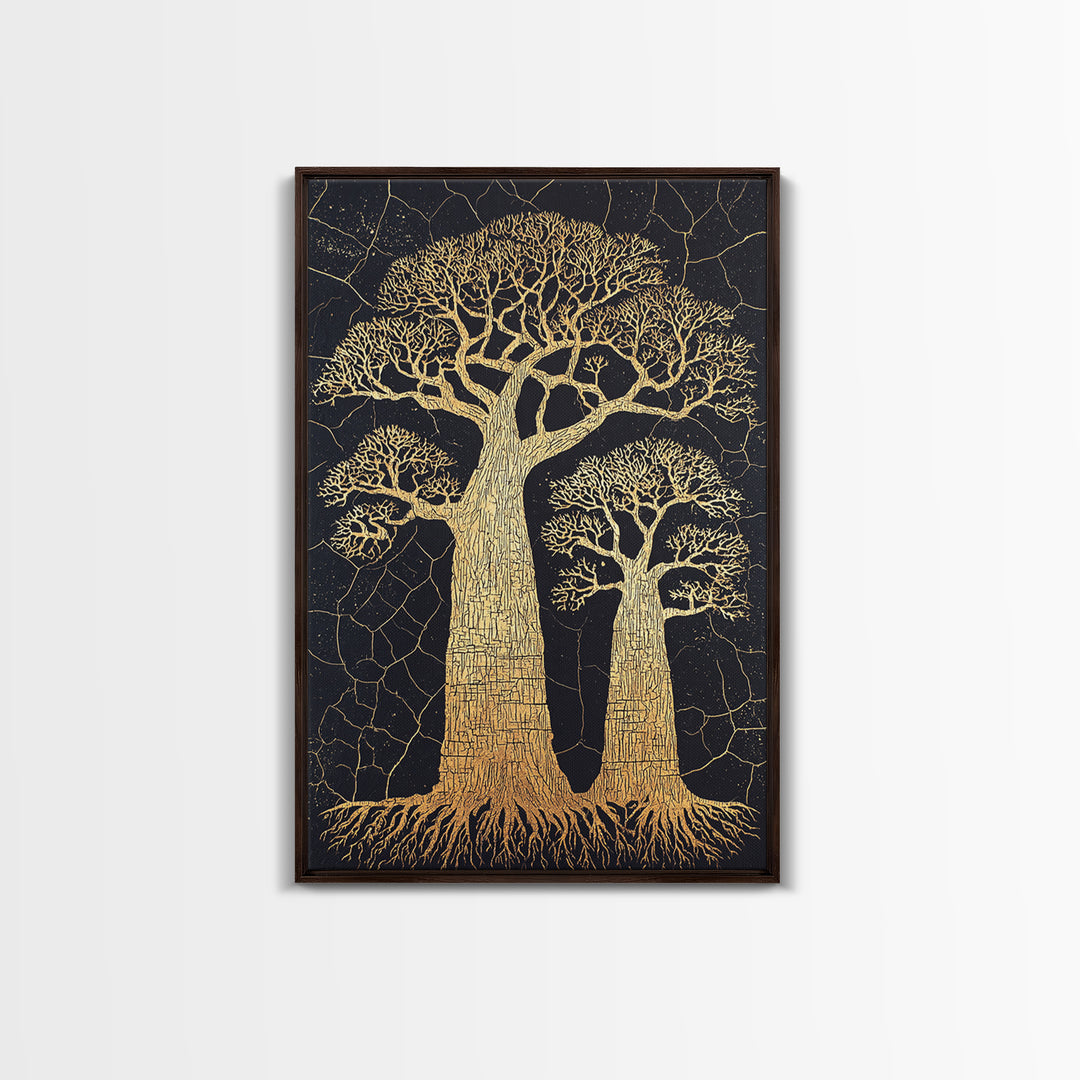 Golden Baobab Trees On Black Cracked Ground Wall Art, African Landscape Print, Botanical Safari Decor, Earth Tone Home Decor