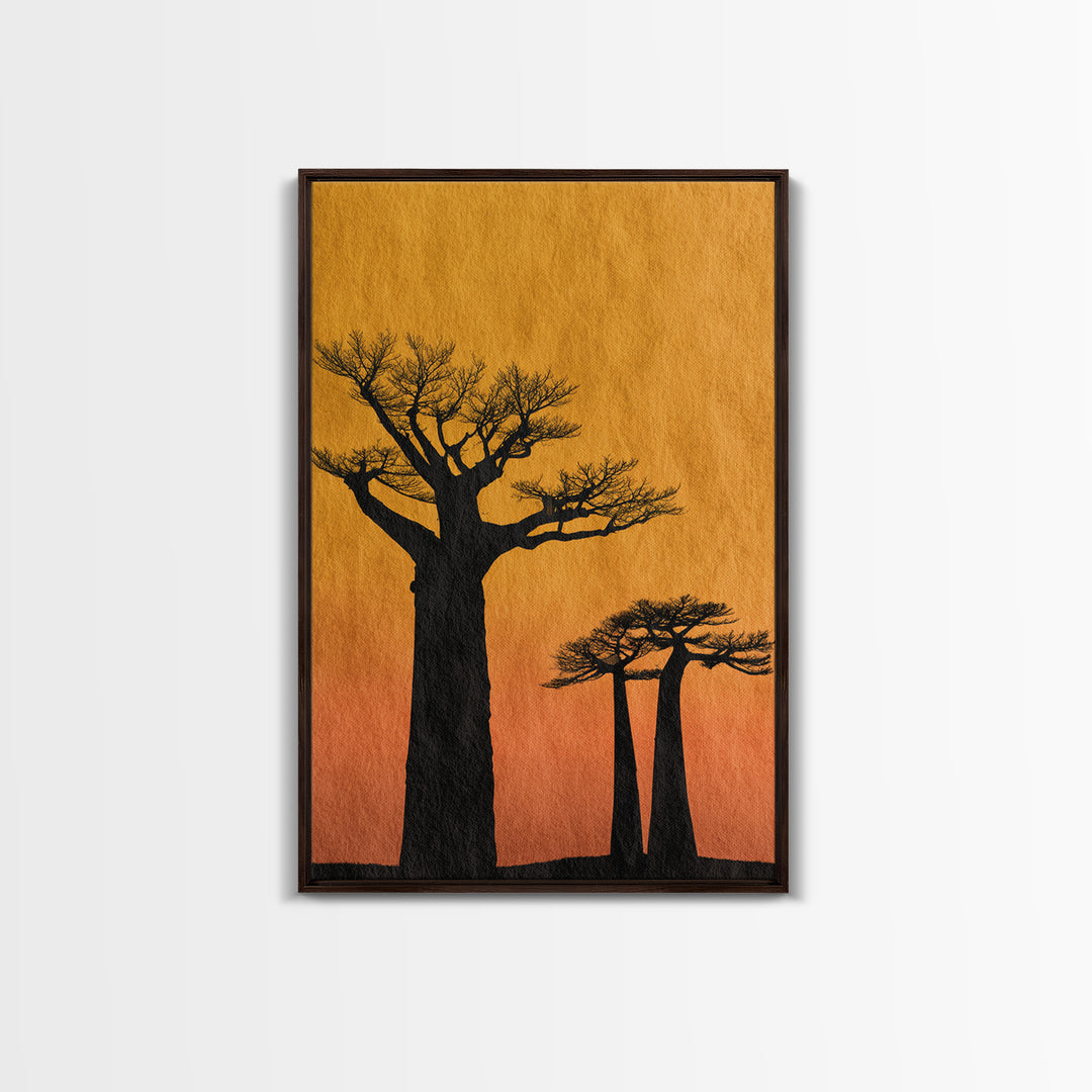 Black Baobab Silhouettes At Orange Sunset Canvas Print, African Tree Wall Decor, Minimalist Safari Art, Warm Boho Home Decor