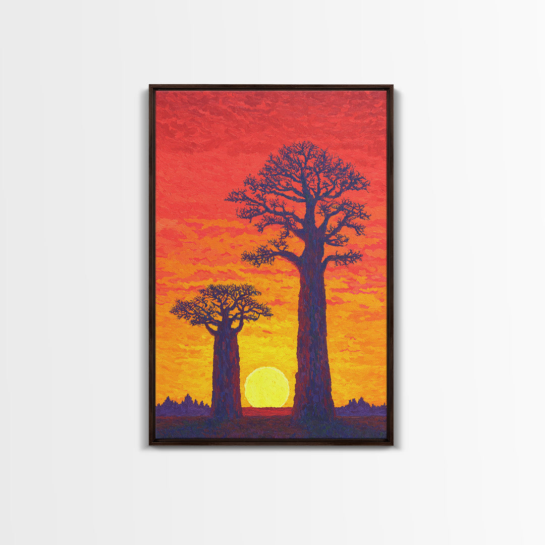 Vivid Baobab Sunset With Glowing Sun Wall Art, African Landscape Print, Colorful Safari Decor, Large Living Room Canvas Print