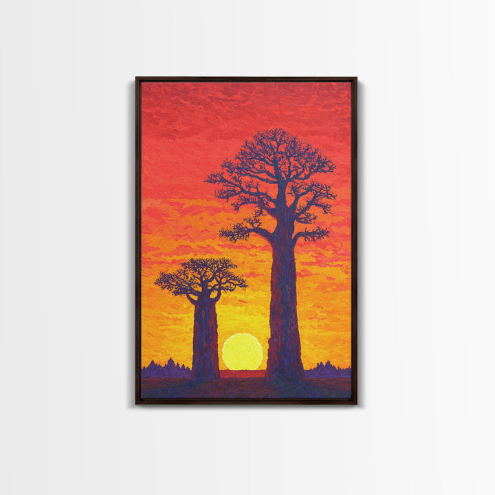 Vivid Baobab Sunset With Glowing Sun Wall Art, African Landscape Print, Colorful Safari Decor, Large Living Room Canvas Print