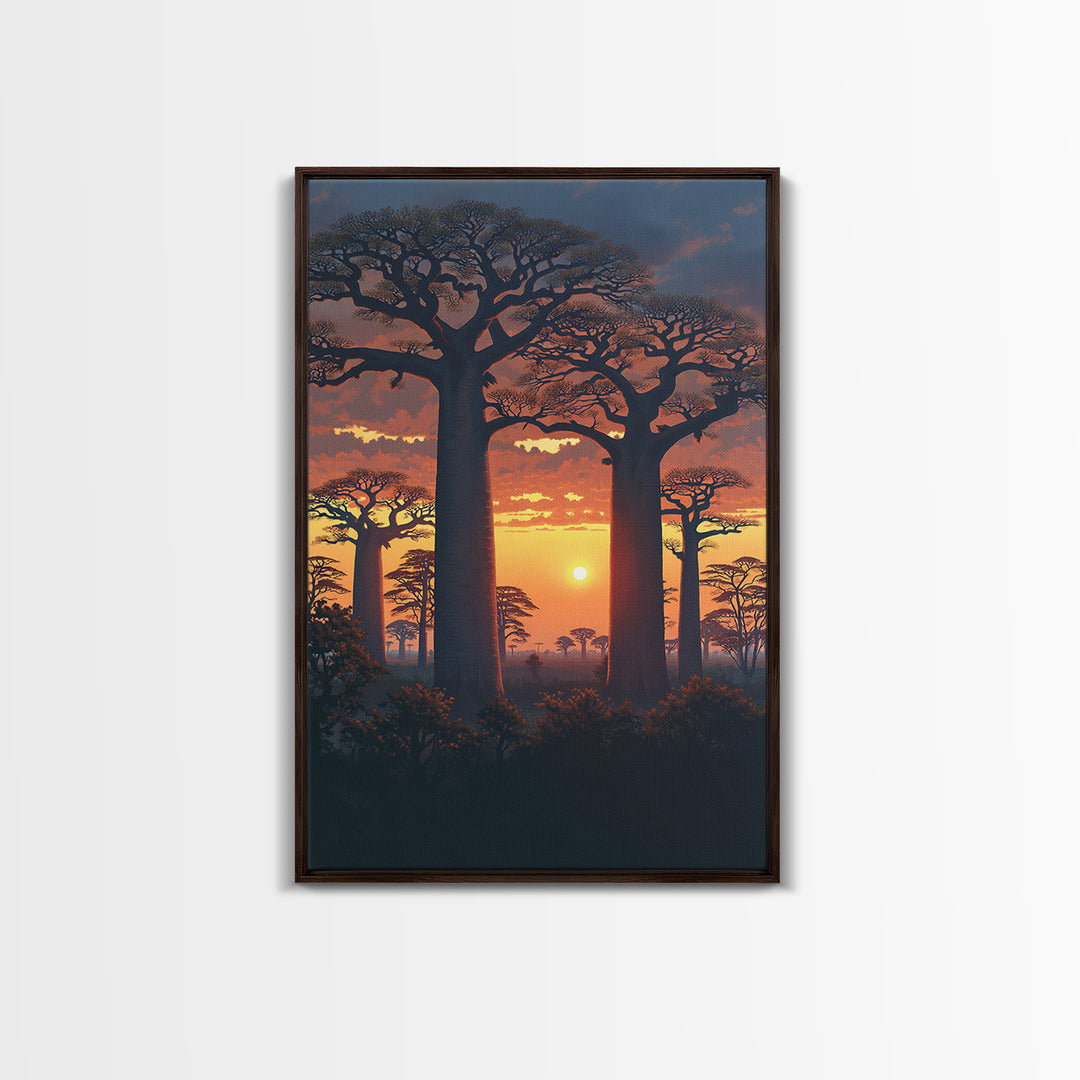 Dramatic Baobab Forest At Dusk Framed Canvas Print, African Safari Wall Decor, Serengeti Landscape Art, Nature Scene Decor