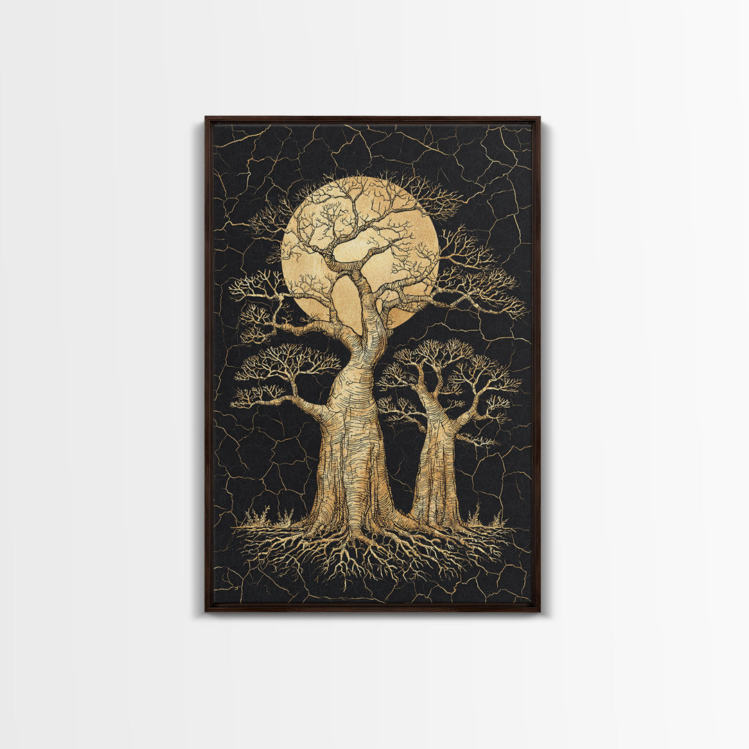 Golden Baobab Moon Tree Wall Art, African Landscape, Black And Gold Decor, Motherland Nature Canvas, Boho Safari Gift, Statement Piece