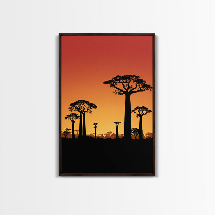 Sunset Baobab Grove Canvas Print, African Safari Landscape, Orange Sky Wall Decor, Madagascar Nature Art, Boho Home Gift