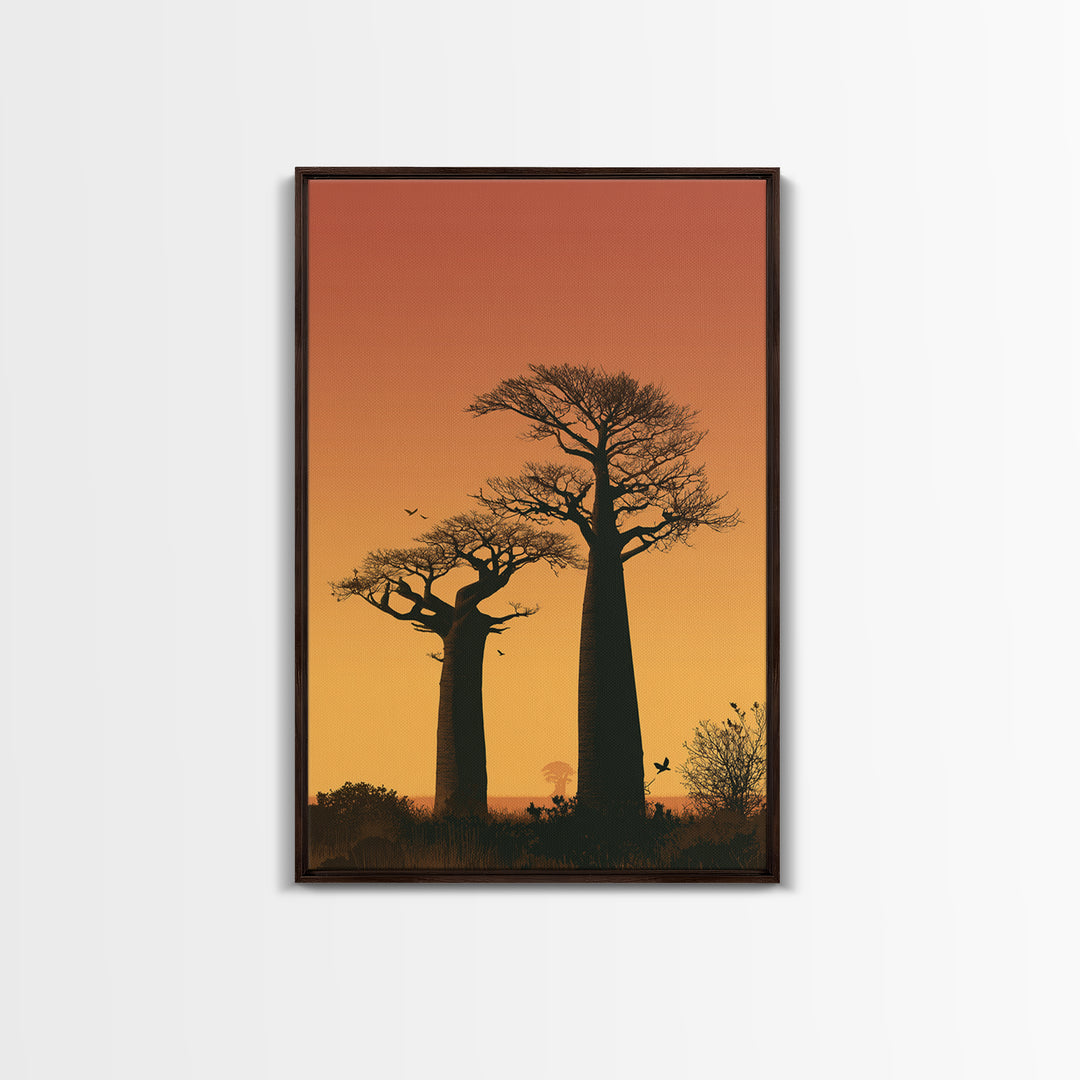 Two Tall Baobab Trees Wall Art, African Sunset Landscape, Madagascar Travel Poster, Orange Safari Decor, Nature Canvas Gift