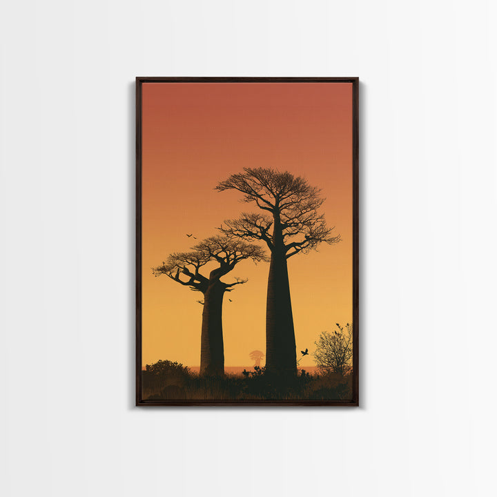 Two Tall Baobab Trees Wall Art, African Sunset Landscape, Madagascar Travel Poster, Orange Safari Decor, Nature Canvas Gift
