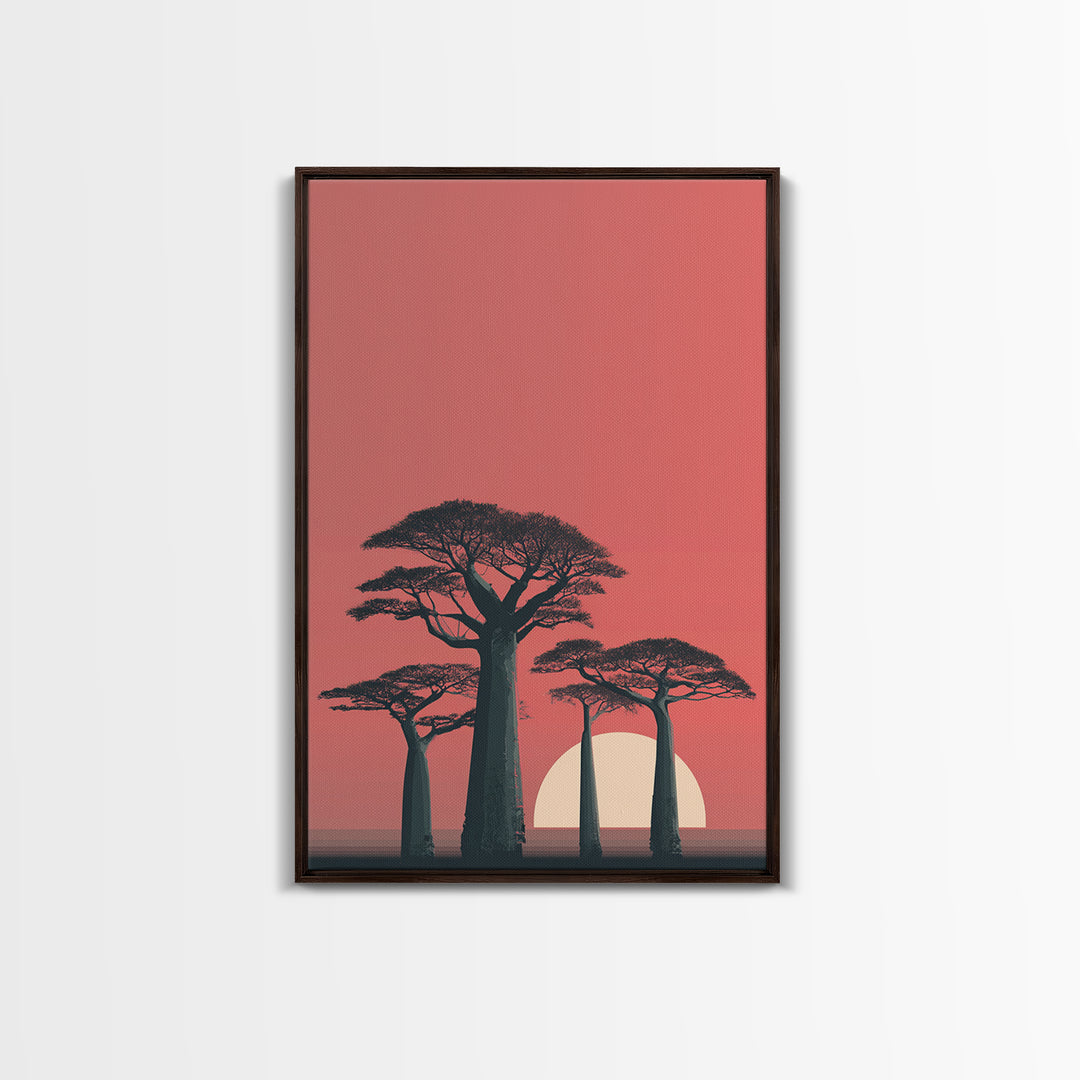 Minimalist Pink Baobab Sunset Canvas Print, African Landscape Wall Decor, Modern Safari Poster, Boho Bedroom Art Gift For Her